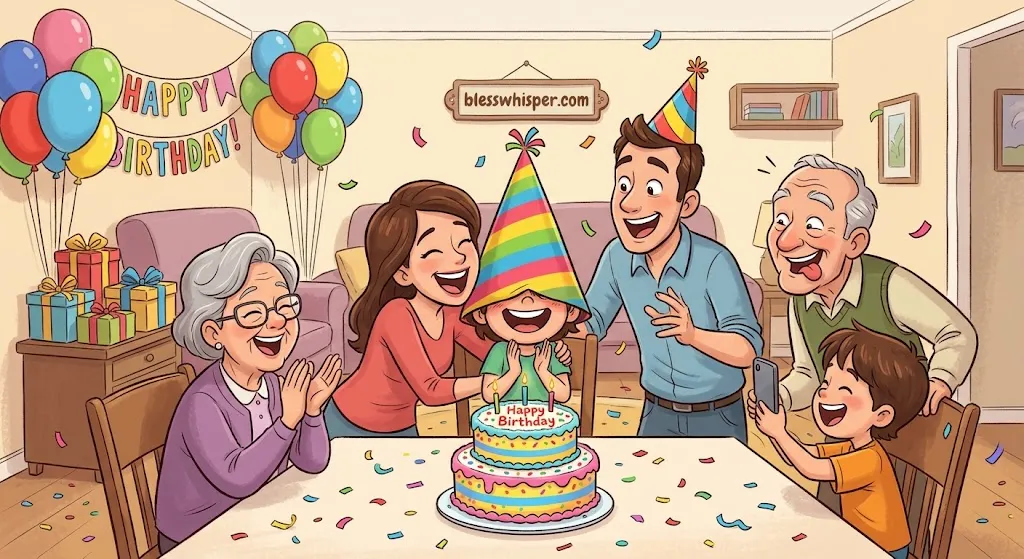 Funny happy birthday wishes for family members with cartoon family, cake, balloons, and birthday gifts