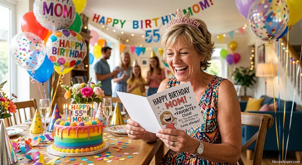 Birthday Blessings for Mother with funny birthday wishes, colorful cake, balloons, and joyful celebration