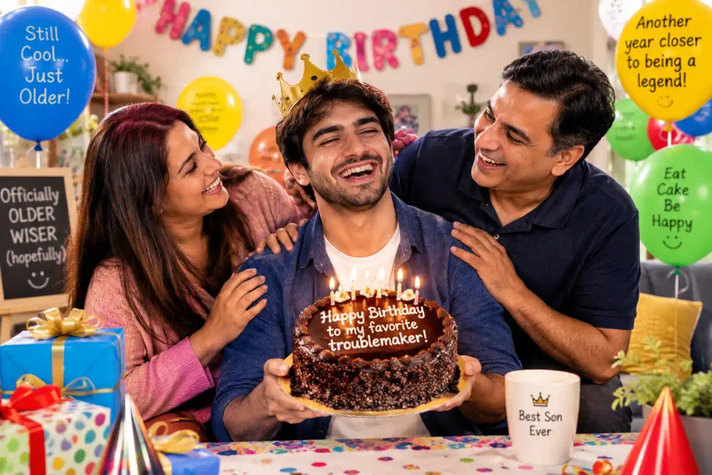Funny happy birthday wishing son laughing with parents during a joyful birthday celebration