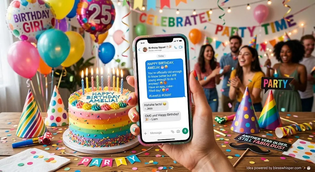 Funny Birthday Wishes for WhatsApp displayed on a smartphone with birthday decorations