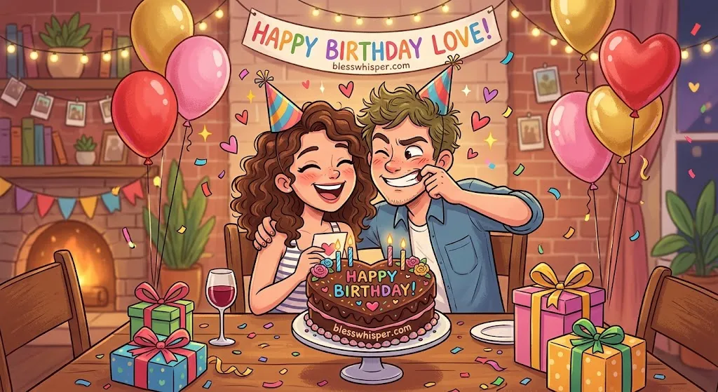 Funny happy birthday wishes for your partner with cartoon couple, birthday cake, hearts, and balloons