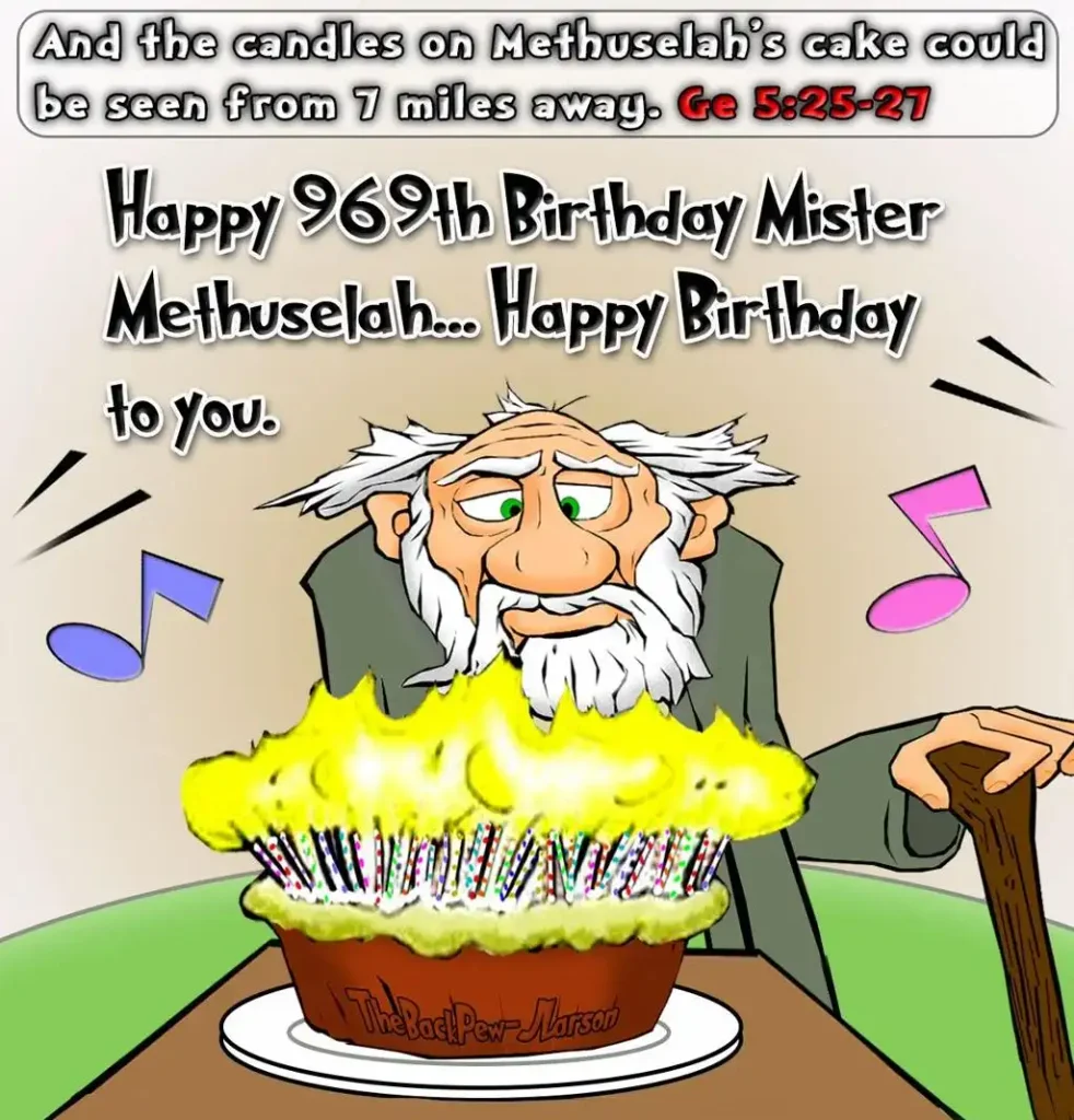 Funny Christian happy birthday wishes with a humorous cartoon birthday cake, oversized candles, balloons, and playful blessings.