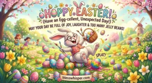 Funny Easter Wishes 2026 with cute Easter eggs, bunny, and chocolate
