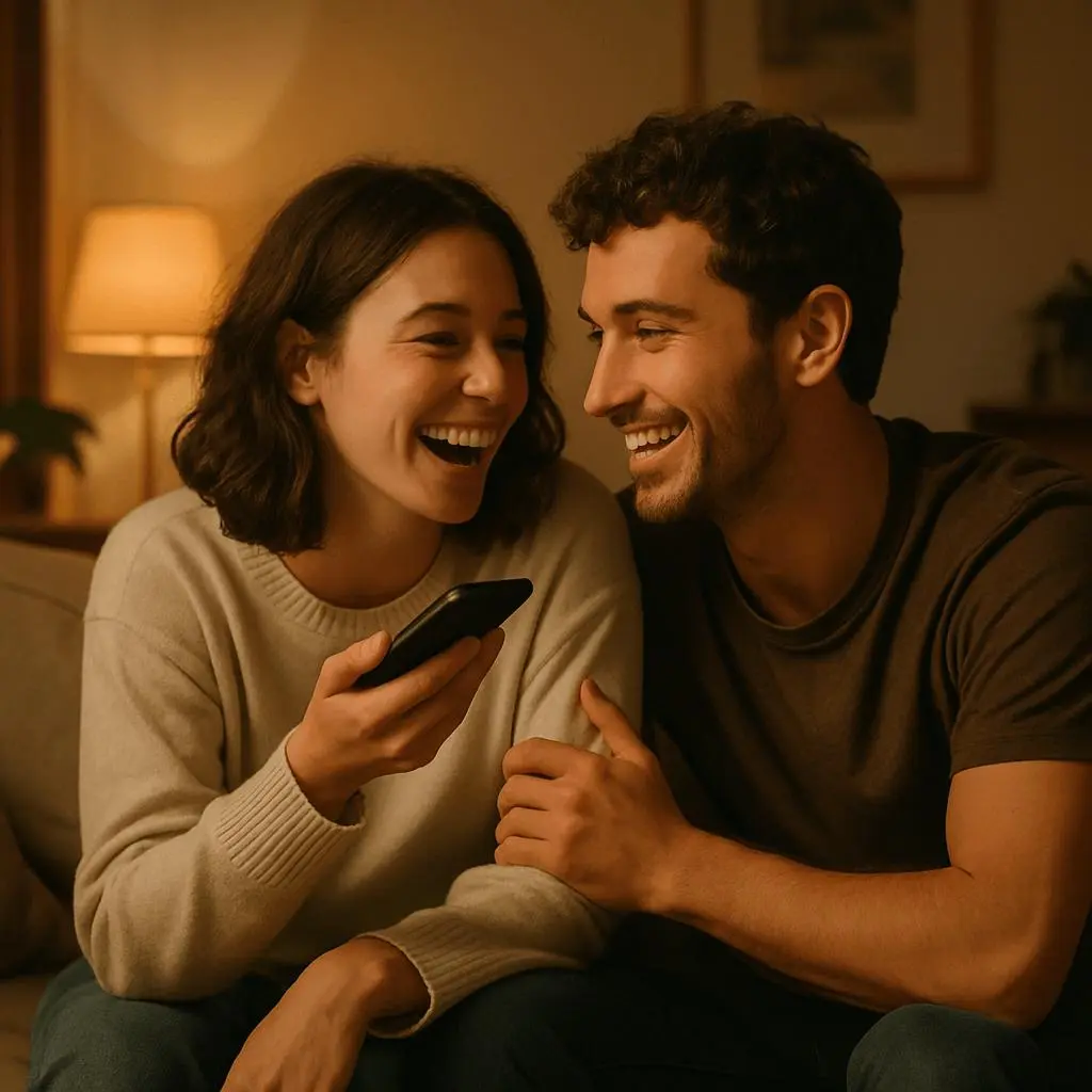 Realistic couple laughing over a playful message representing funny flirty goodnight texts for him