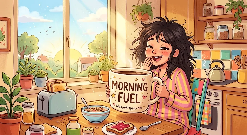 Funny good morning blessing for a friend with coffee and a cheerful morning mood