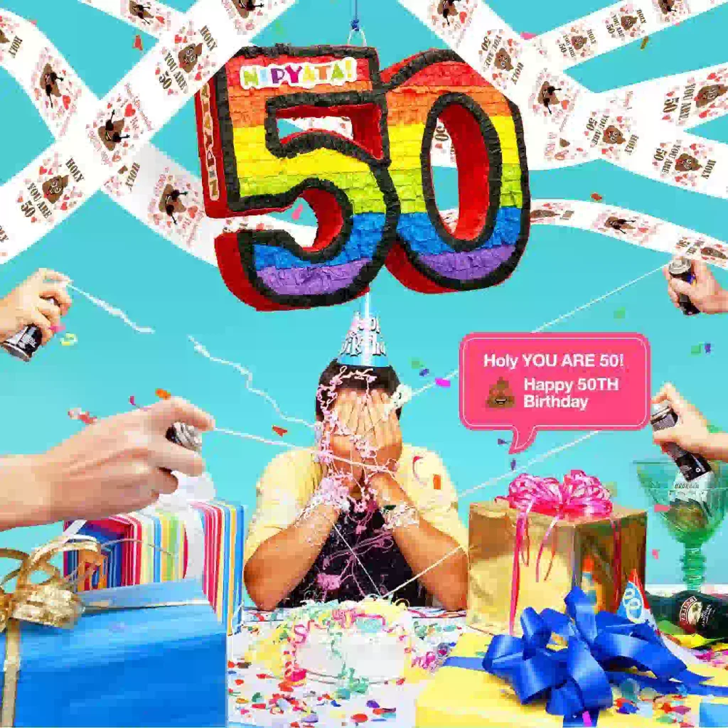 Funny happy 50th birthday wishes with a playful birthday cake, colorful balloons, and humorous party decorations.