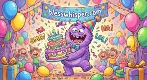 Funny happy birthday wishes cartoon character celebrating with cake, balloons, and confetti