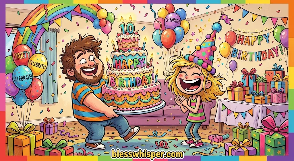 Funny happy birthday wishes for friends with cartoon characters, birthday cake, balloons, and confetti
