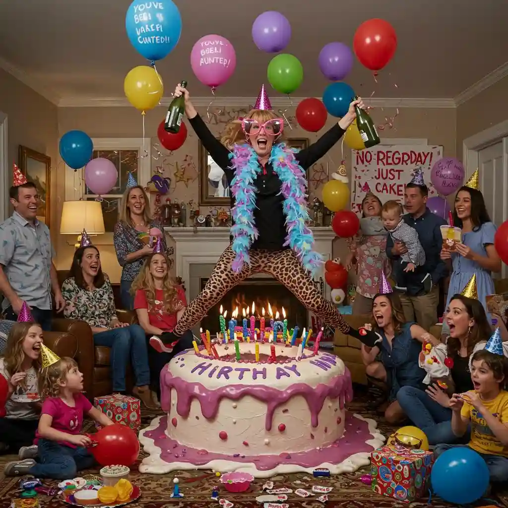 Happy birthday wishes simple text with a funny birthday cake, colorful balloons, and playful party decorations.