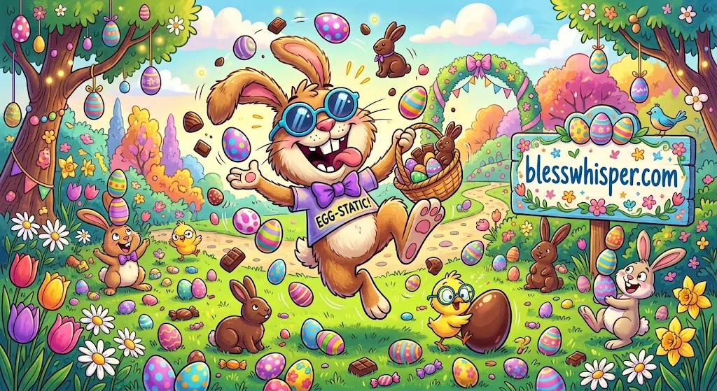 Funny cartoonish AI-generated bunny wearing sunglasses and holding Easter eggs for funny happy Easter wishes to make them smile.