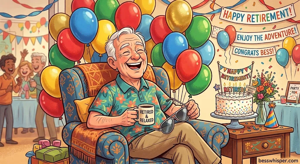 Happy retirement wishes with a funny cartoon retirement celebration and smiling retiree