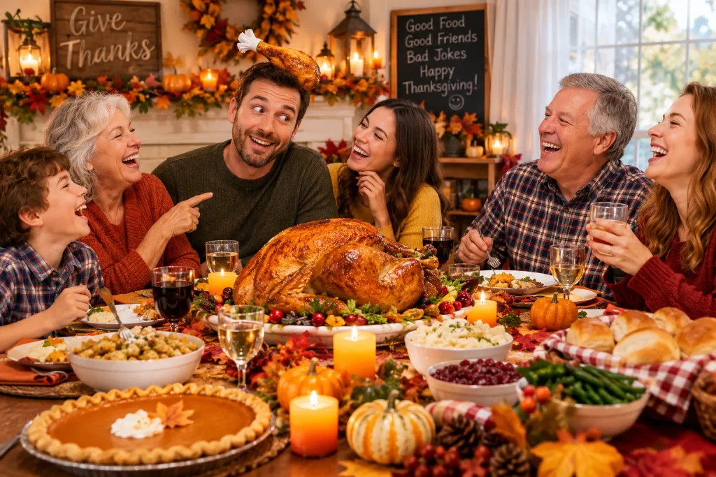 Happy Thanksgiving Day wishes with friends and family laughing together during a fun Thanksgiving dinner.