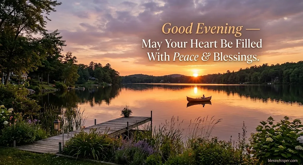 Good evening blessings image with peaceful sunset and heartfelt message