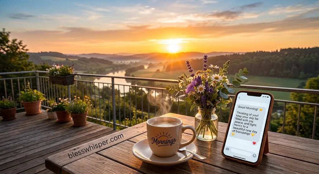 Good morning blessing for a friend with a beautiful sunrise, coffee, and heartfelt message