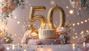 Happy 50th birthday wishes with an elegant golden 50 birthday cake, balloons, and beautiful celebration decorations