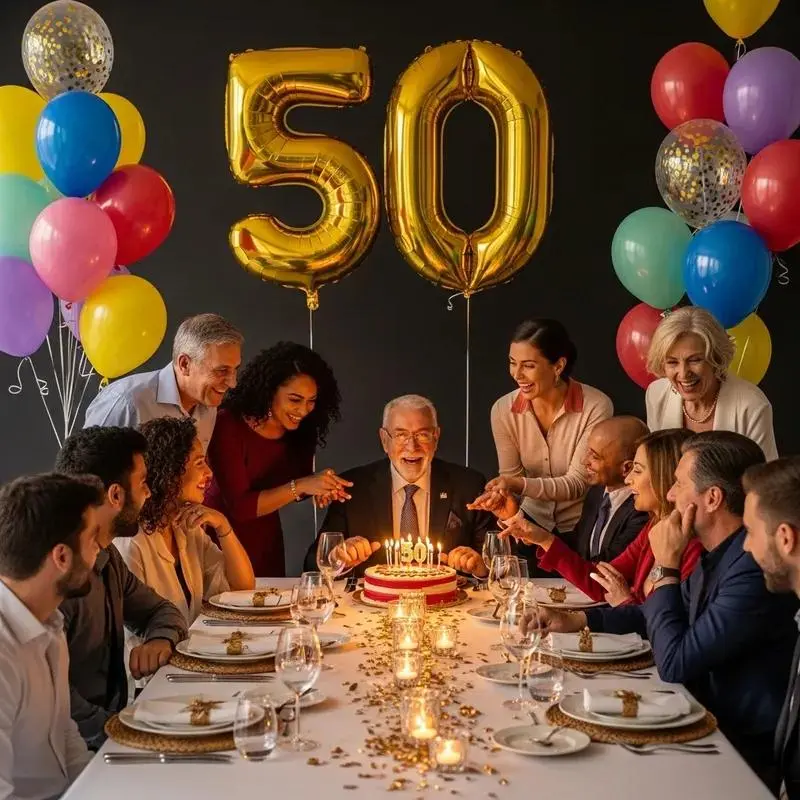 Happy 50th birthday wishes for friends with a group of friends celebrating around a birthday cake.