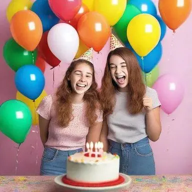 Happy birthday wishes for sister with two sisters posing for an Instagram birthday caption beside a decorated cake and balloons.