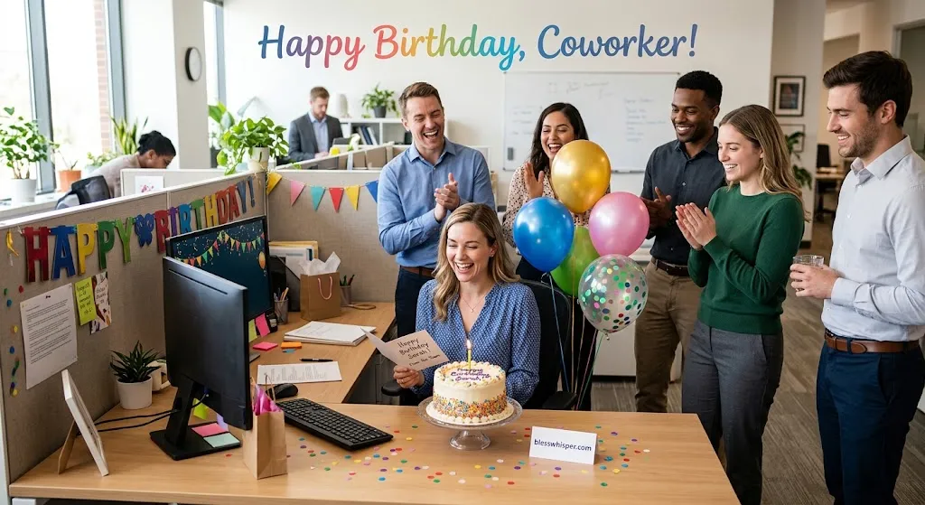Happy birthday wishes for coworker with cake and office birthday celebration