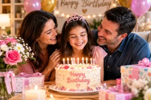Happy birthday wishes for daughter with parents celebrating her birthday with a cake and balloons