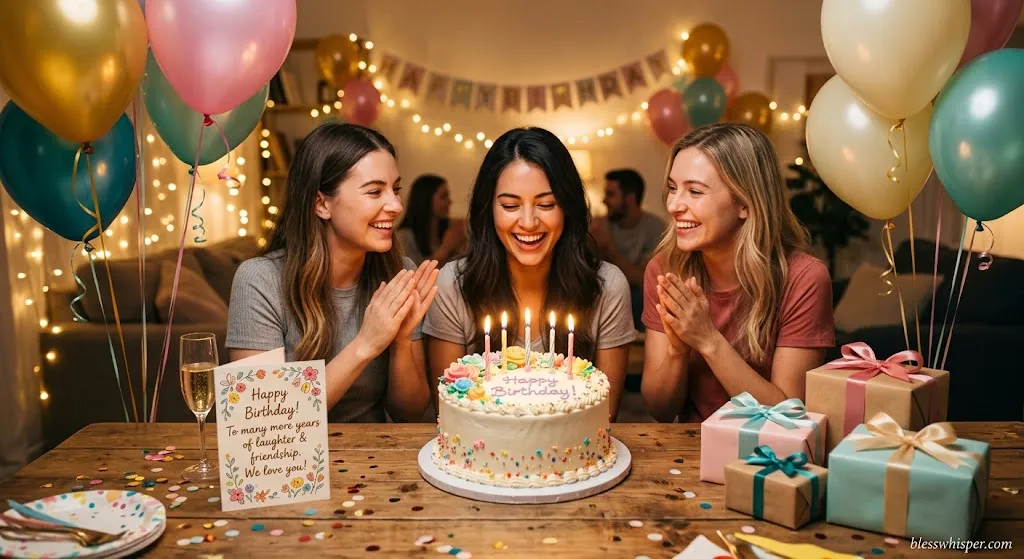 Happy birthday wishes for friend with birthday cake, balloons, gifts, and greeting card