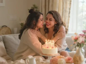 Happy birthday wishes for sister featuring two sisters celebrating a special birthday with cake and balloons