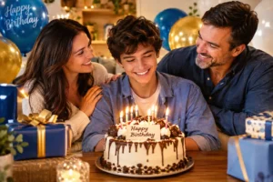 Happy birthday wishes for son with parents celebrating his birthday beside a decorated cake and balloons