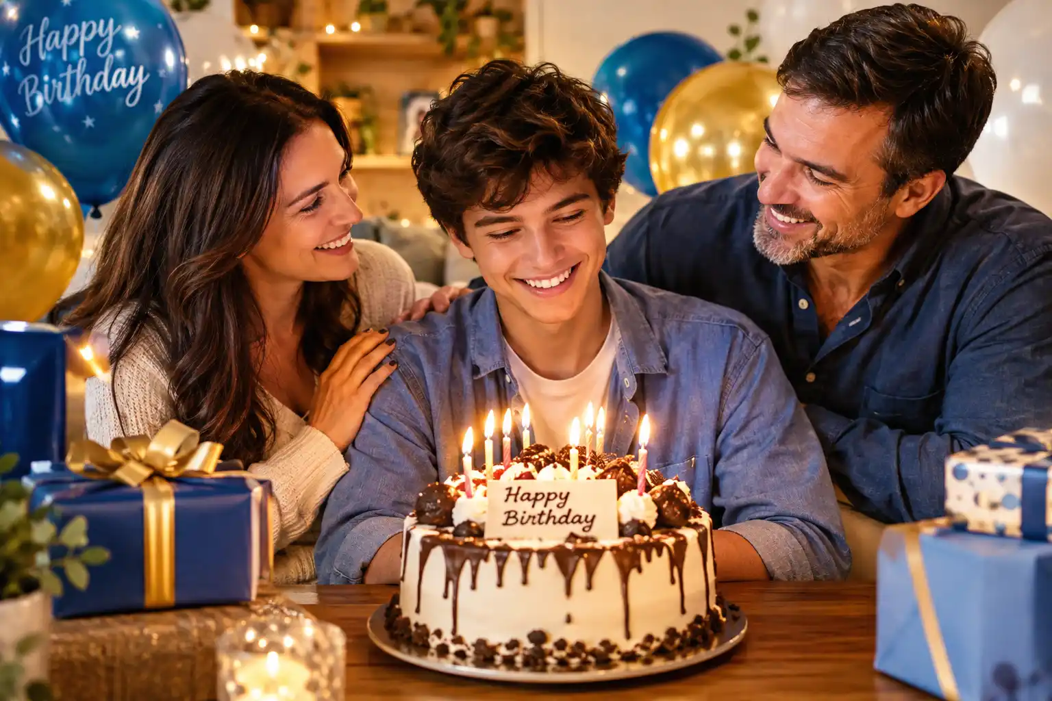 Happy birthday wishes for son with parents celebrating his birthday beside a decorated cake and balloons