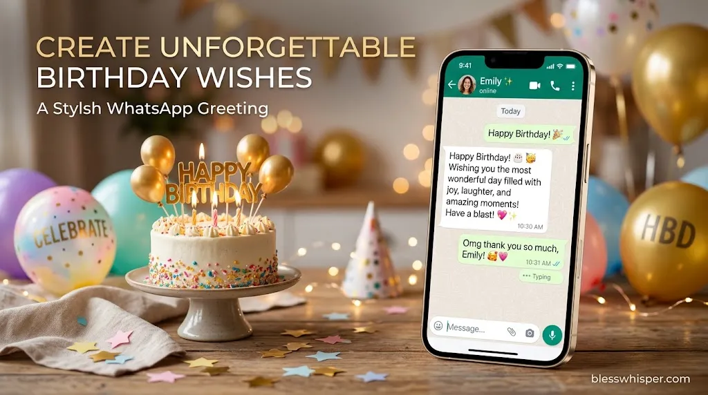 Happy Birthday Wishes for WhatsApp with birthday cake and balloons