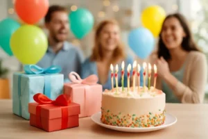 Happy birthday wishes simple text with a beautiful birthday cake, balloons, gifts, and a heartfelt greeting card.