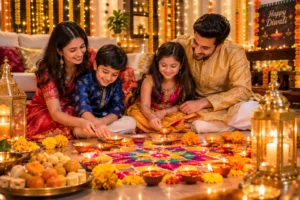 Happy Diwali wishes for a joyful family celebration with glowing diyas, rangoli, sweets, and festive decorations.