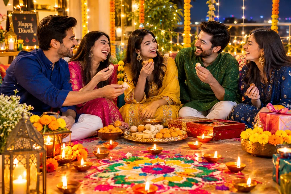 Happy Diwali Wishes for Friends showing close friends celebrating together with sweets, glowing diyas, rangoli, and festive lights.
