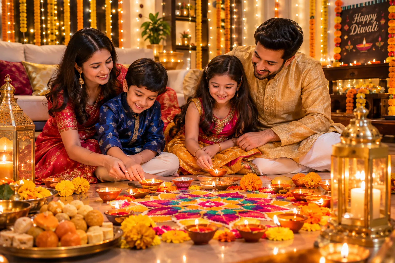 Happy Diwali wishes for a joyful family celebration with glowing diyas, rangoli, sweets, and festive decorations.