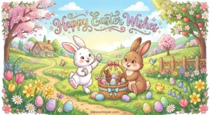 Cartoonish AI-generated Easter scene with cute bunnies, colorful eggs, and flowers for happy Easter wishes.