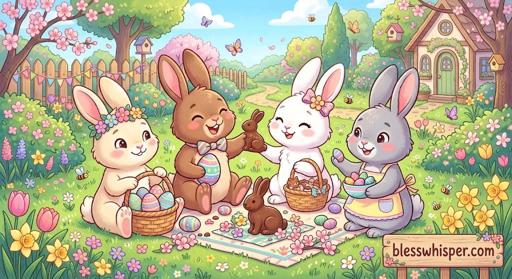 Cartoonish AI-generated bunny friends celebrating with colorful Easter eggs and flowers for happy Easter wishes for friends.