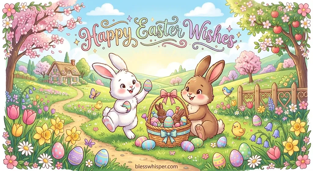 Cartoonish AI-generated Easter scene with cute bunnies, colorful eggs, and flowers for happy Easter wishes.