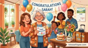 Happy retirement wishes with a joyful retirement celebration, balloons, cake, and heartfelt congratulations