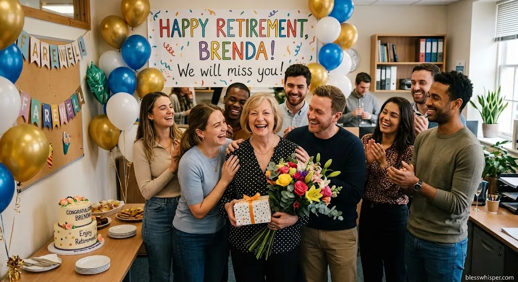 Happy retirement wishes for a coworker with an office farewell celebration and colleagues