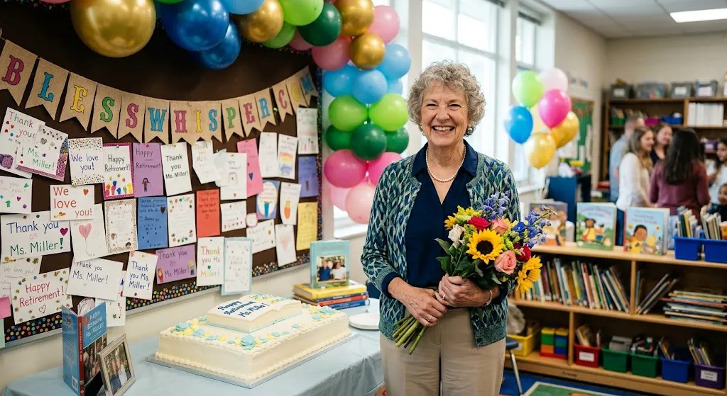 Happy retirement wishes for a teacher with students celebrating a memorable retirement