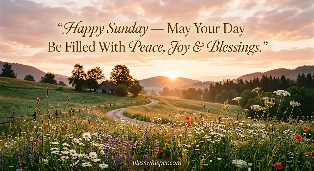 Happy Sunday blessings image with peaceful sunrise and flowers
