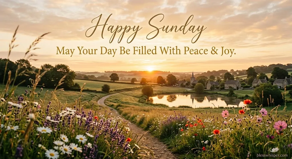 happy sunday picture with peaceful sunrise, flowers, and Sunday blessing