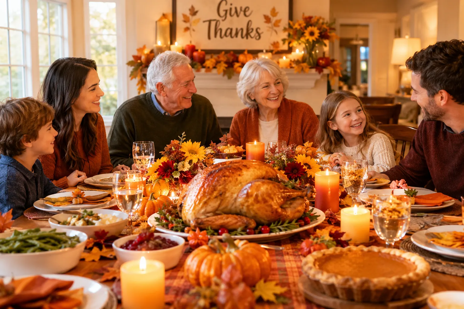 Thanksgiving Day wishes featuring a joyful family celebrating Thanksgiving around a beautifully decorated dinner table.