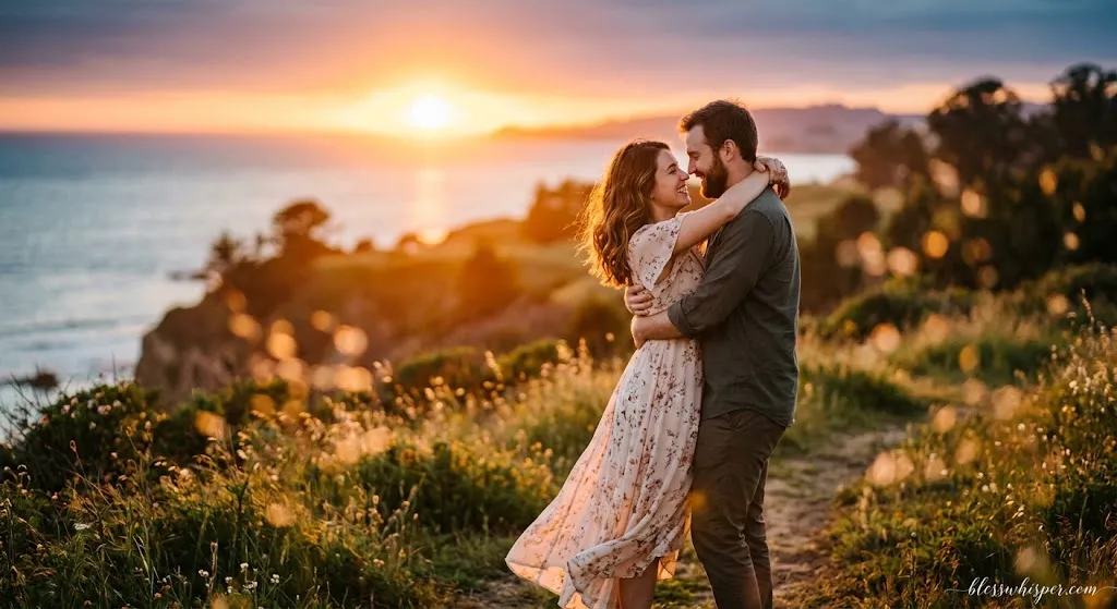 Heartfelt anniversary wishes for couple with a loving couple embracing at sunset