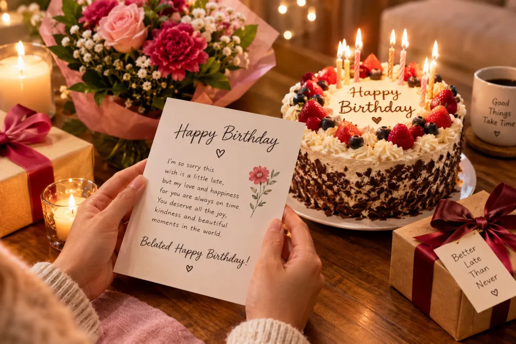 Belated happy birthday wishes with a heartfelt birthday card, cake, flowers, and warm candlelight