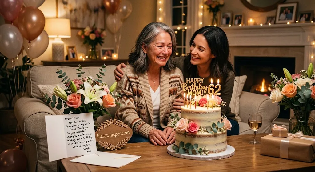 Birthday Blessings for Mother with heartfelt birthday cake, flowers, and loving family celebration