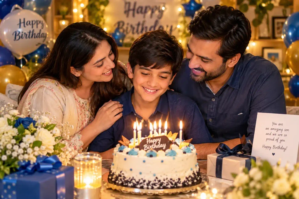 Heartfelt happy birthday wishing son with parents celebrating beside a decorated birthday cake