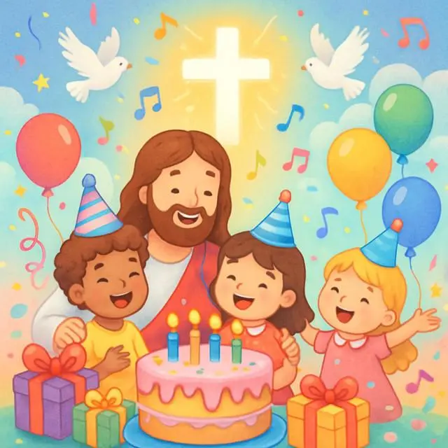 Heartfelt Christian happy birthday wishes with a cartoon birthday cake, flowers, Bible, and warm blessings.