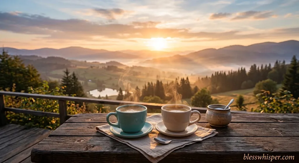 Heartfelt good morning blessing for a friend with a peaceful sunrise and coffee