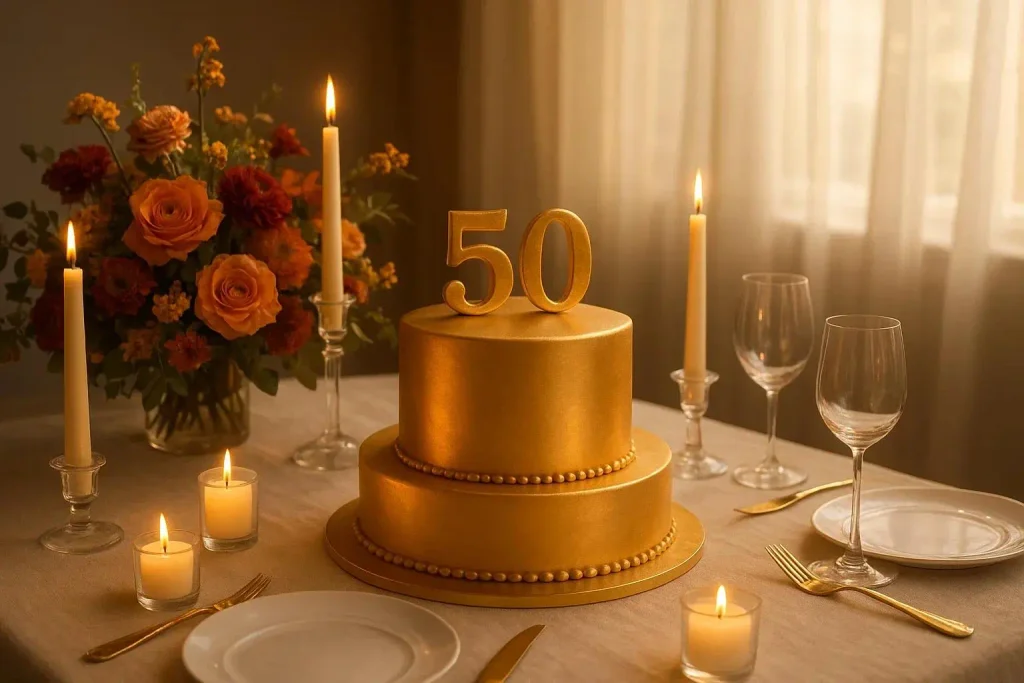 Heartfelt happy 50th birthday wishes with a beautiful birthday cake, flowers, and a warm celebration setting.