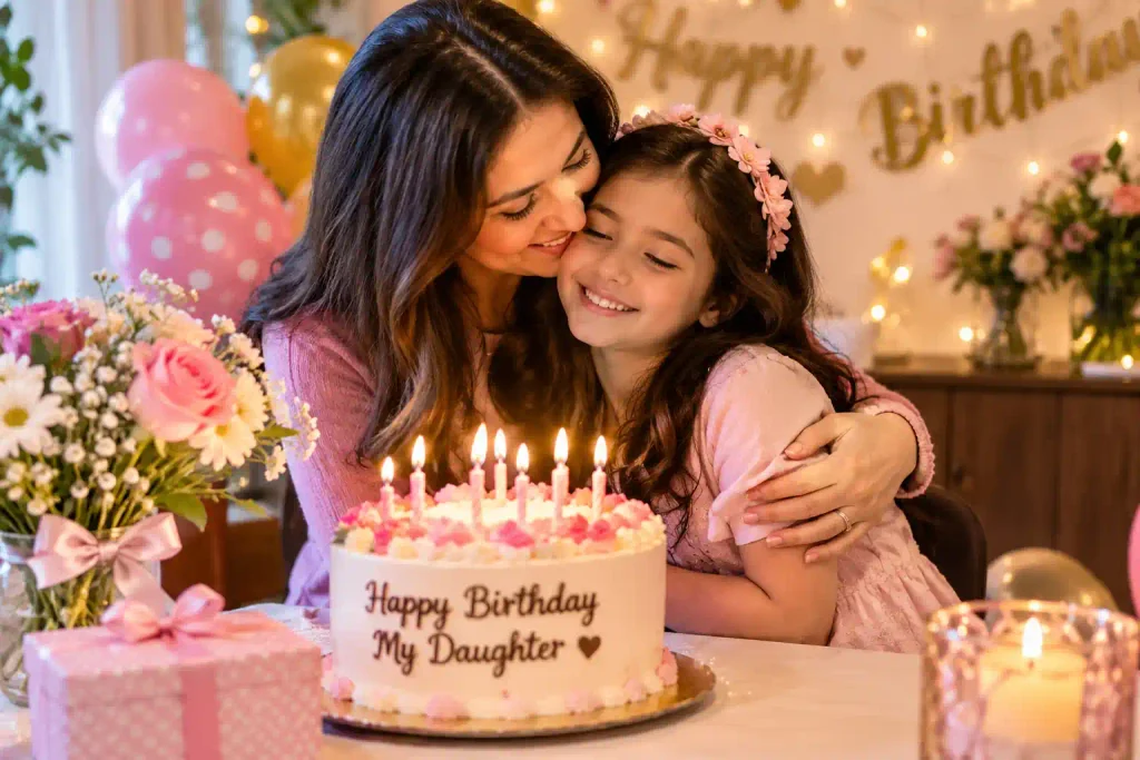 Heartfelt happy birthday wishes for daughter with a mother hugging her daughter beside a birthday