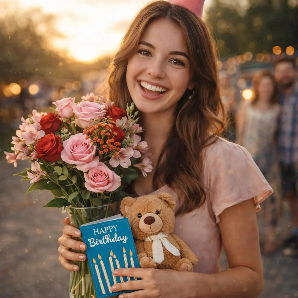 Happy birthday wishes simple text with a heartfelt greeting card, flowers, and a birthday cake.
